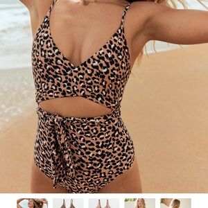 aerie Leopard Cutout One-Piece Swimsuit in Tan and Black